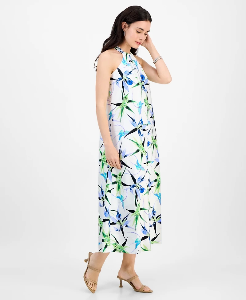 I.n.c. International Concepts Petite Printed Linen-Blend Halter-Neck Sleeveless Maxi Dress, Exclusively at Macy's
