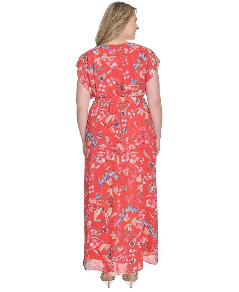 Eliza J Plus Printed V-Neck Faux-Wrap Chiffon Dress