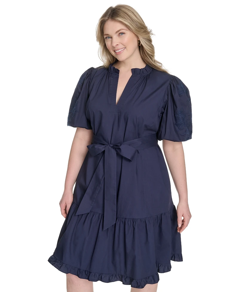 Vince Camuto Plus Cotton Puff-Sleeve Tie-Waist Dress