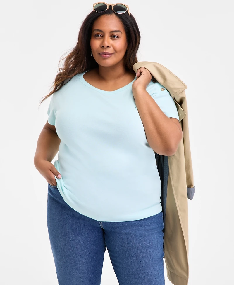 Style & Co Plus Crewneck Button-Trim-Shoulder Cotton Top, Exclusively at Macy's
