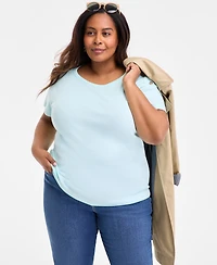 Style & Co Plus Crewneck Button-Trim-Shoulder Cotton Top, Exclusively at Macy's