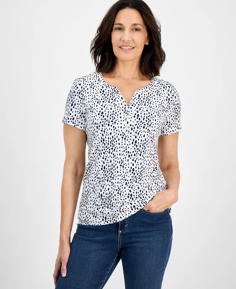 Style & Co Women's Printed Short-Sleeve Cotton Henley Top, Exclusively at Macy's