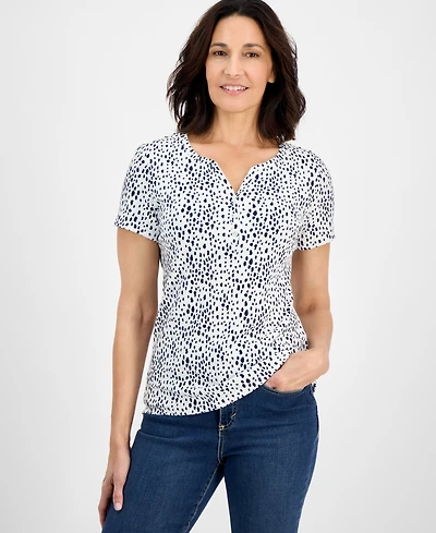 Style & Co Women's Printed Short-Sleeve Cotton Henley Top, Exclusively at Macy's