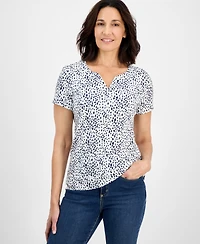 Style & Co Women's Printed Short-Sleeve Cotton Henley Top, Exclusively at Macy's