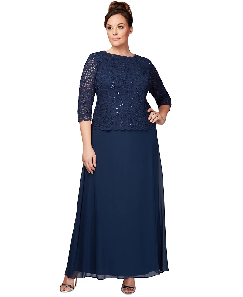 Alex Evenings Plus Sequined Scalloped Edge Lace Top Gown