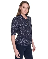 Tommy Hilfiger Women's Printed Point Collar Puff-Sleeve Blouse