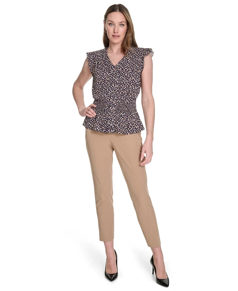 Tommy Hilfiger Women's Printed Smocked-Waist Flutter-Sleeve Blouse