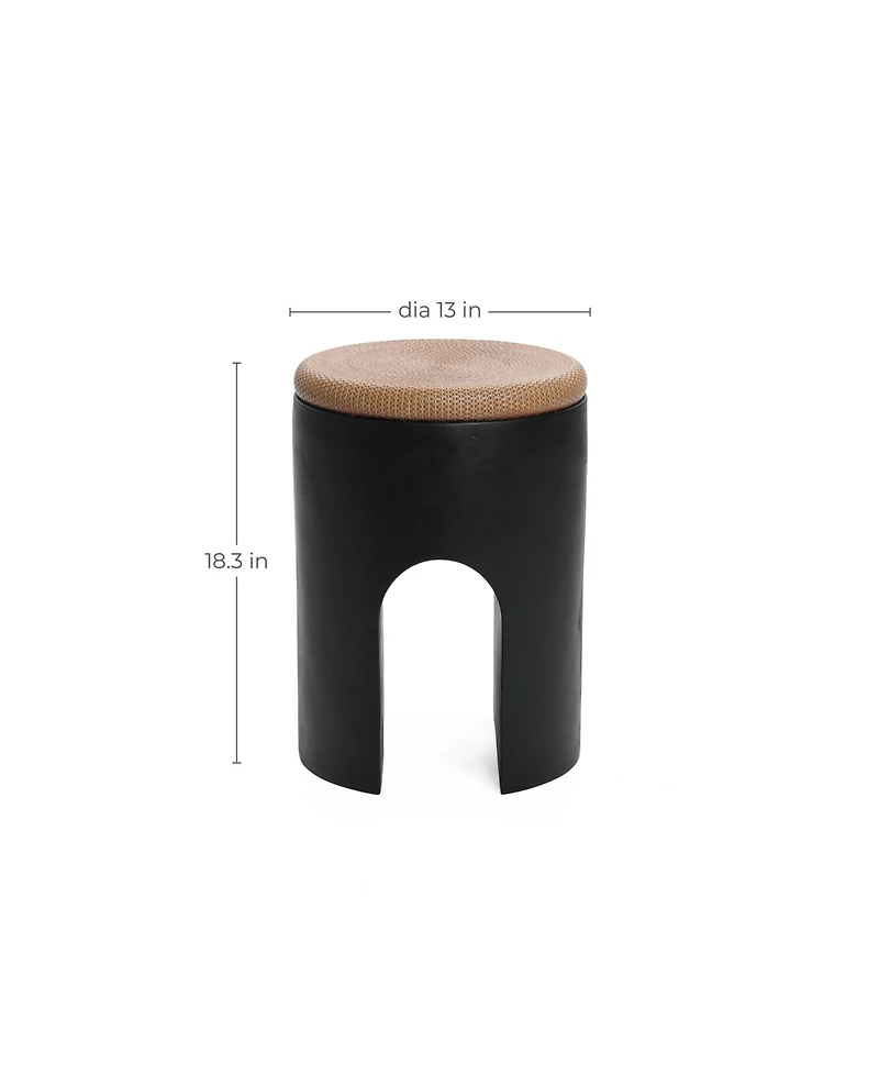 LuxenHome Black with Natural Rattan Finish Cement U-Shaped Base Outdoor Patio Side Table