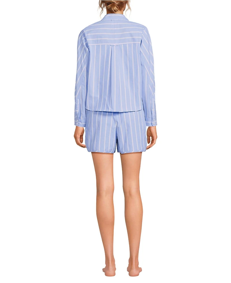 Lands' End Women's Cotton Poplin 2 Piece Pajama Set - Long Sleeve Top and Shorts with Piping