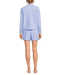 Lands' End Women's Cotton Poplin 2 Piece Pajama Set - Long Sleeve Top and Shorts with Piping