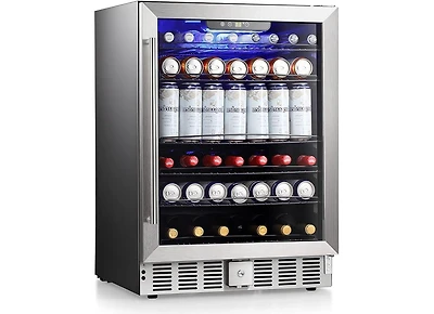 Zafro 24 Inch Wine Refrigerator, 5.1 Cu Ft Freestanding or Built-in Wine Fridge, Under Counter Stainless Steel Beverage Cooler with Glass Door