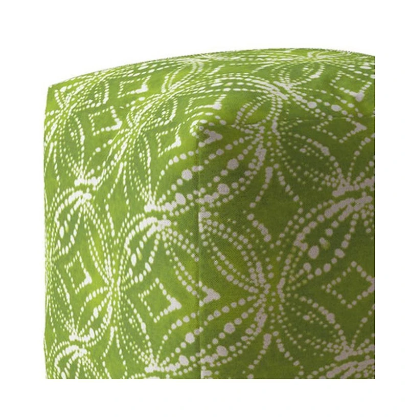 17" Green and White Cotton Damask Pouf Ottoman