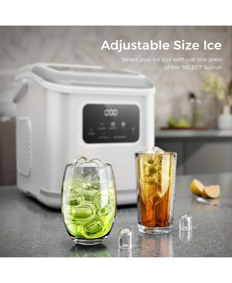 Zafro Countertop Ice Maker produces lbs of ice daily, featuring an Led display, timer, self-cleaning function, and a portable handle. Its compact desi