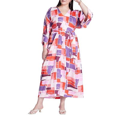 Eloquii Women's Printed Kimono Dress With Tie