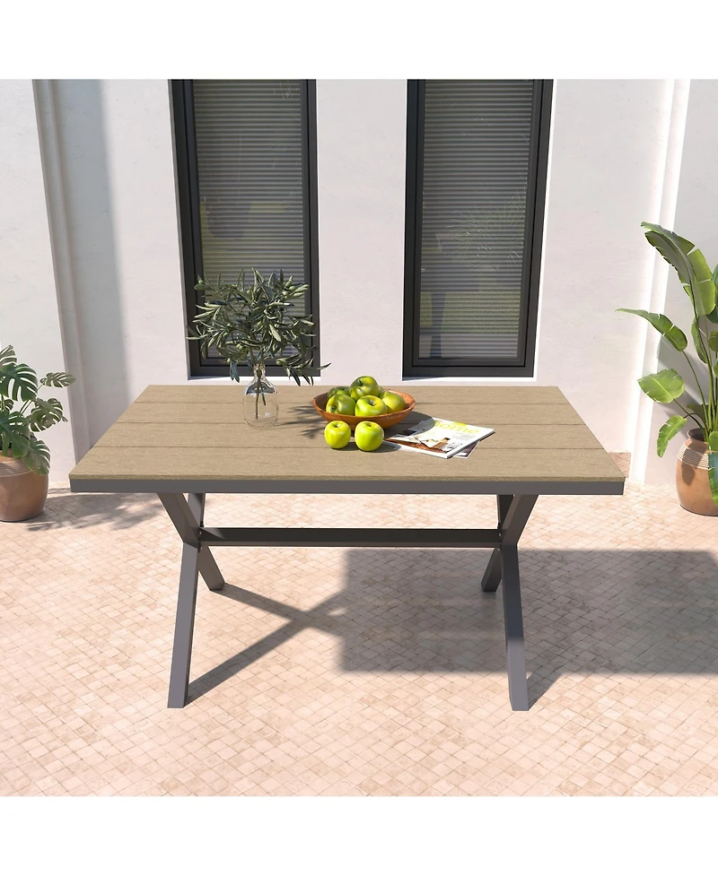 59 Inch Rectangular Outdoor Dining Table Imitation Wood Grain Aluminium Frame Patio Table, Black