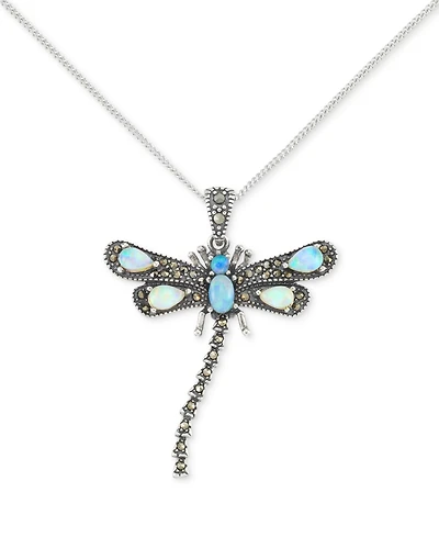 Marcasite (1/4 ct. t.w.) & Agate (1 ct. t.w.) Dragonfly 18" Pendant Necklace in Sterling Silver