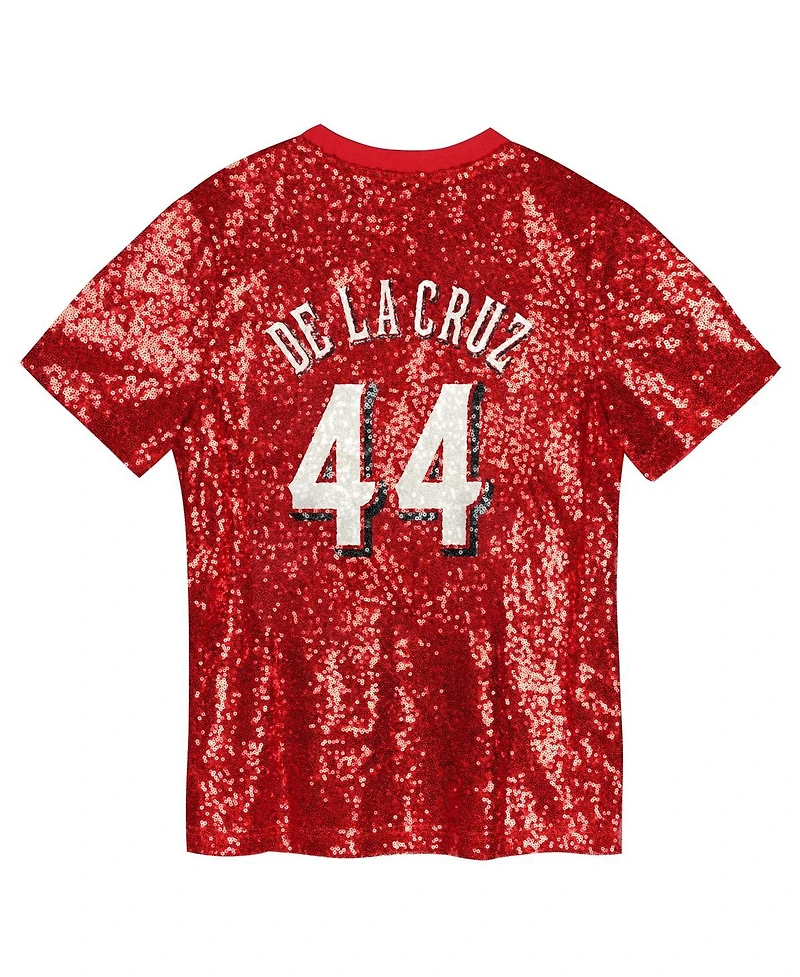 Outerstuff Juniors Elly De La Cruz Red Cincinnati Reds Name Number Sequin V-Neck Top