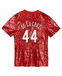 Outerstuff Juniors Elly De La Cruz Red Cincinnati Reds Name Number Sequin V-Neck Top