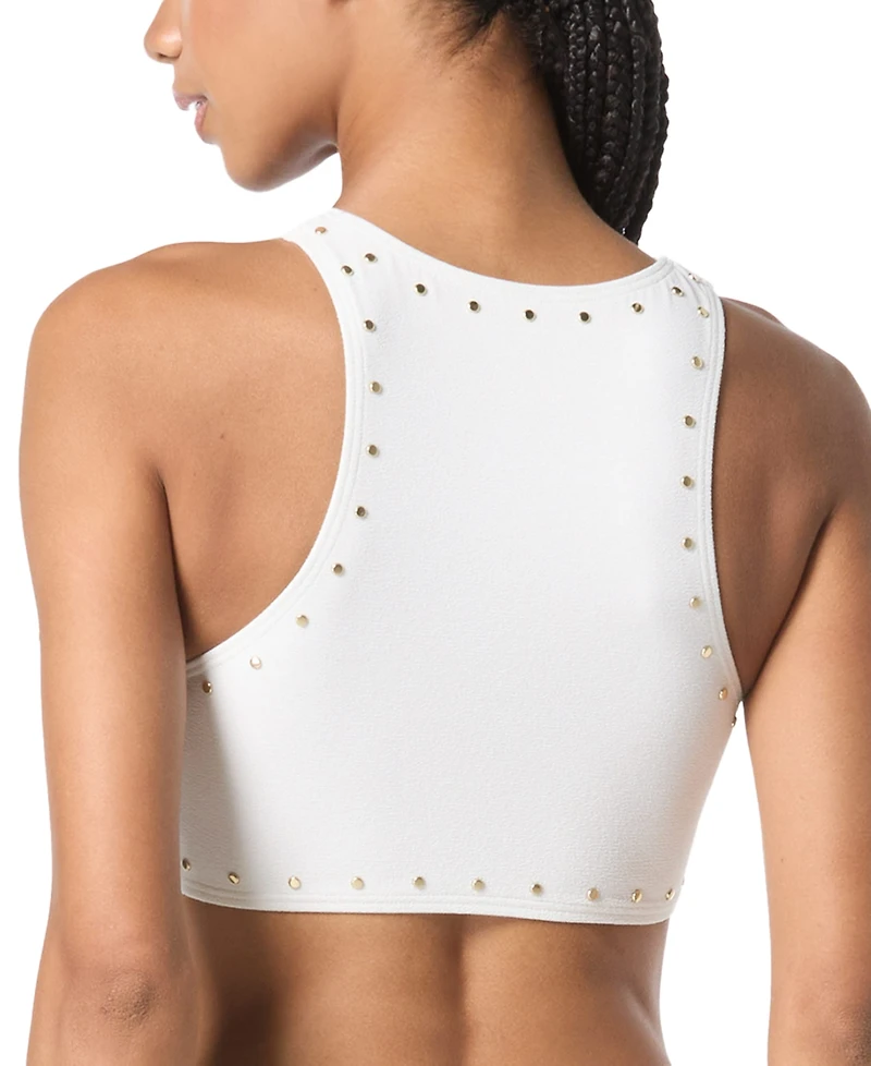 Michael Kors Women's Crepe Front-Ring Studded Bikini Top