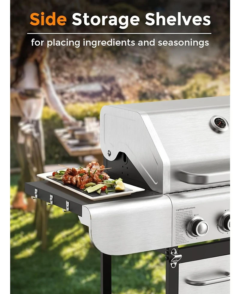 Cowsar Bbq Gas Propane Grill 4 Burner Cast Iron Flat Grill Griddle Combo with Side Burner Stainless Steel 42000 Btu for Outdoor Cooking Backyard Barbe