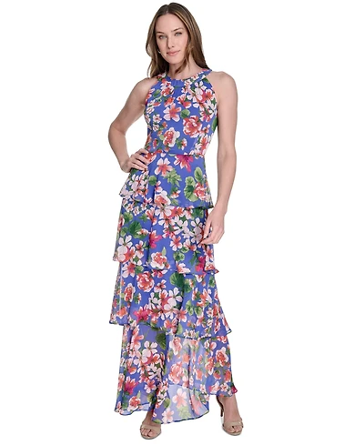 Tommy Hilfiger Women's Floral-Print Tiered Halterneck Maxi Dress