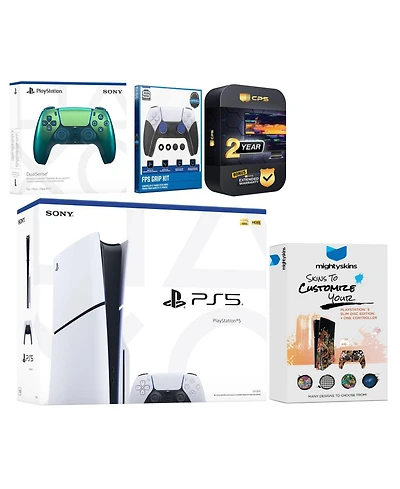 Sony Playstation 5 Slim Disc with Extra Gray Camo Controller, Fps Grip Kit and MightySkins Decal Voucher + 2 Year Cps Extended Warranty