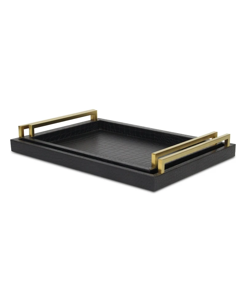 Set of Two Wood Serving Trays with Faux Croc Texture and Handles
