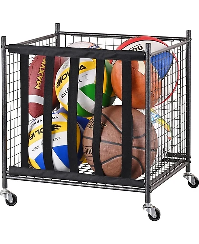 Mythinglogic 44 lbs Weight Capacity Rolling Sports Ball Storage Cart with Elastic Straps