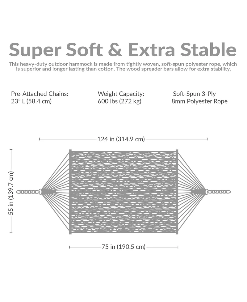 Large Double Wide Two-Person Polyester Rope Hammock with Spreader Bars - 600 lb Weight Capacity