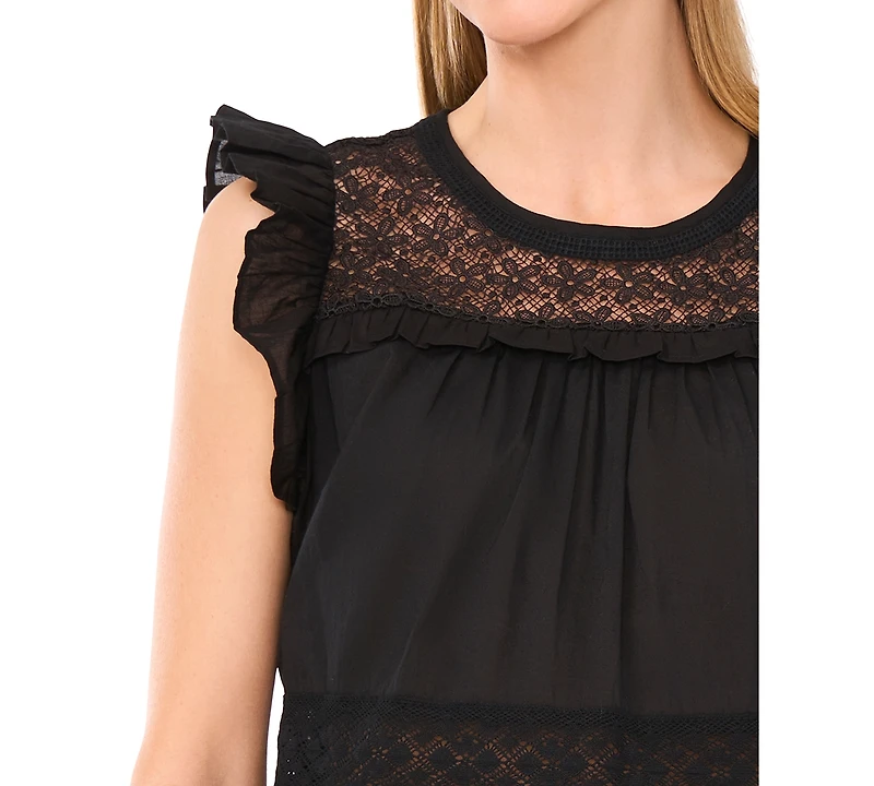 CeCe Women's Lace Inset Ruffle Detail Blouse