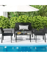 Gymax 4 Piece Patio Wicker Furniture Set Heavy Duty Galvanized Metal Frame w/Table