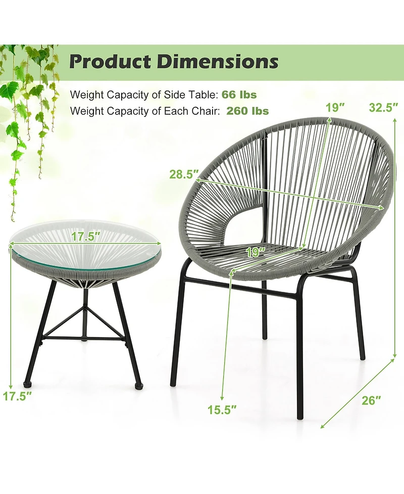 Gymax 3 Pcs Wicker Conversation Bistro Set Acapulco Chair Set with Tempered Glass Table