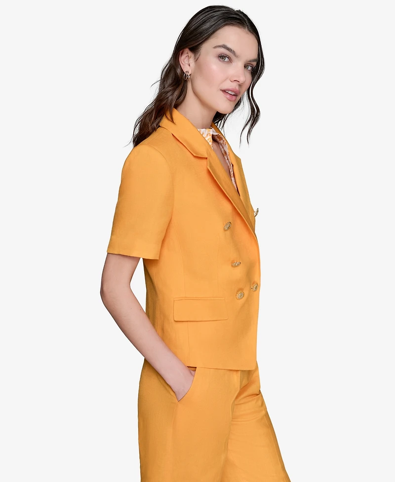 Karl Lagerfeld Paris Women's Linen-Blend Short-Sleeve Double-Breasted Jacket