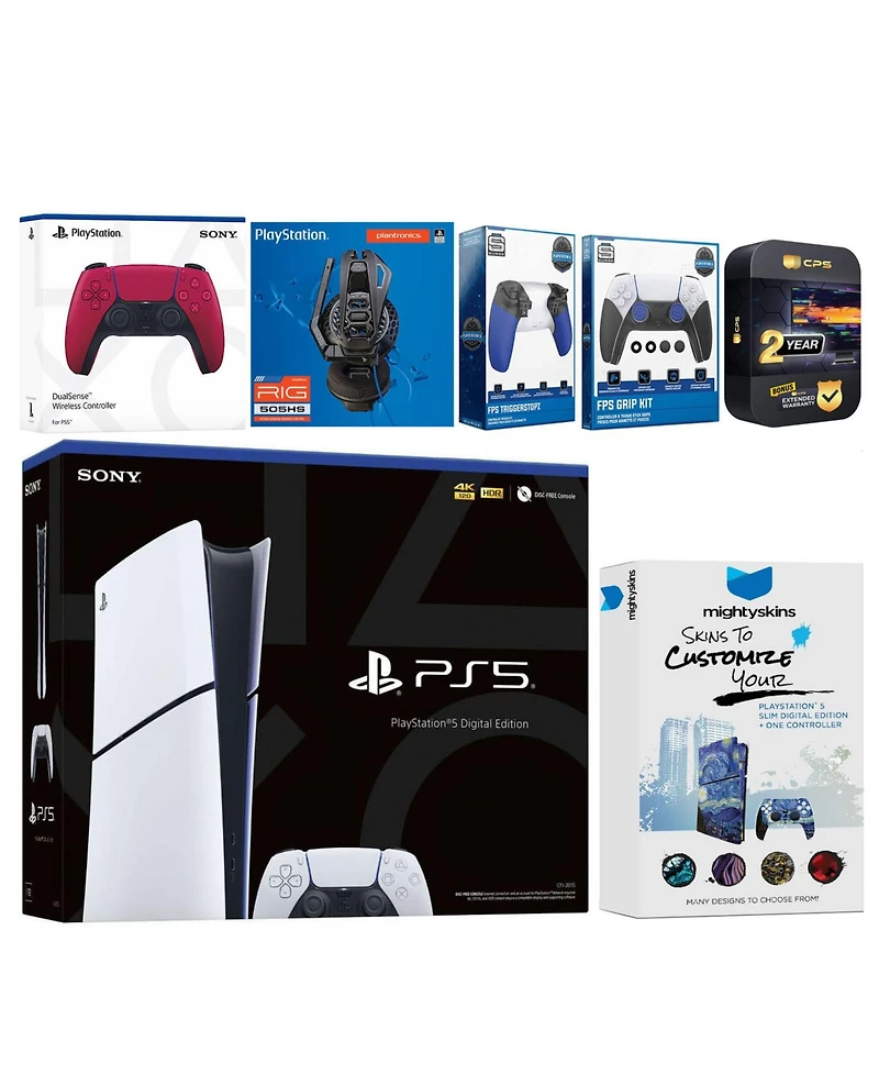 Sony Playstation 5 Slim Digital with Extra Cosmic Red Controller, Plantronics Headset, Trigger Stop Kit, Fps Grip Kit and MightySkins Decal Voucher +