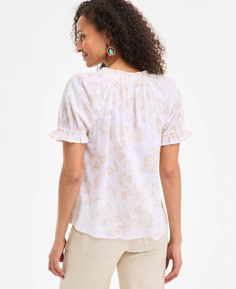 Style & Co Women's Cotton Printed Contrast-Stitch Puff-Sleeve Top, Exclusively at Macy's