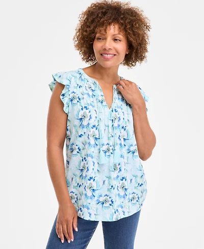 Style & Co Petite Printed Pintuck Ruffle-Sleeve Blouse, Exclusively at Macy's