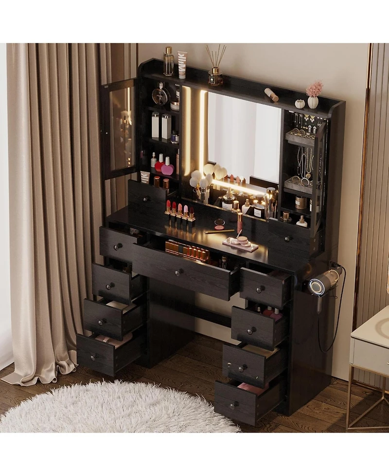Vanity Desk with Led Lights Mirror and Charging Station, Makeup Vanity ...