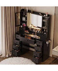 Vanity Desk with Led Lights Mirror and Charging Station, Makeup Vanity ...