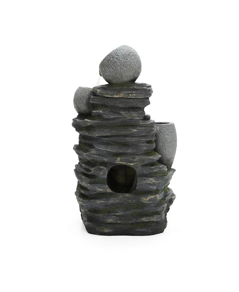 LuxenHome 3-Tier Gray Pots on Stacked Rocks 2.5-Feet Tall Outdoor Polyresin Fountain with Lights and Gray Side Planter