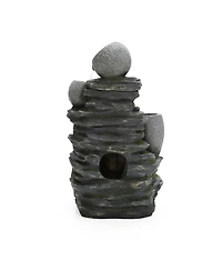 LuxenHome 3-Tier Gray Pots on Stacked Rocks 2.5-Feet Tall Outdoor Polyresin Fountain with Lights and Gray Side Planter