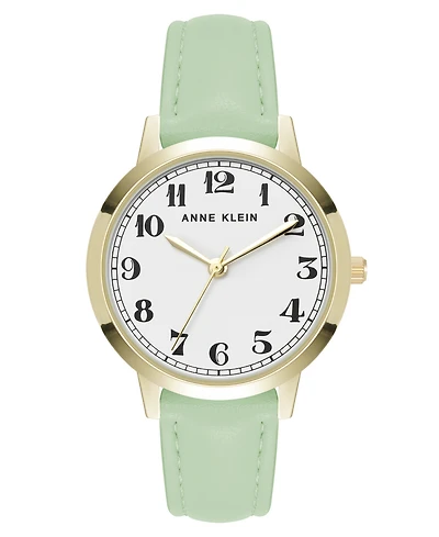 Anne Klein Women's Quartz Casual Mint Polyurethane Leather and Gold-Tone Metal Alloy Boyfriend Watch, 34mm