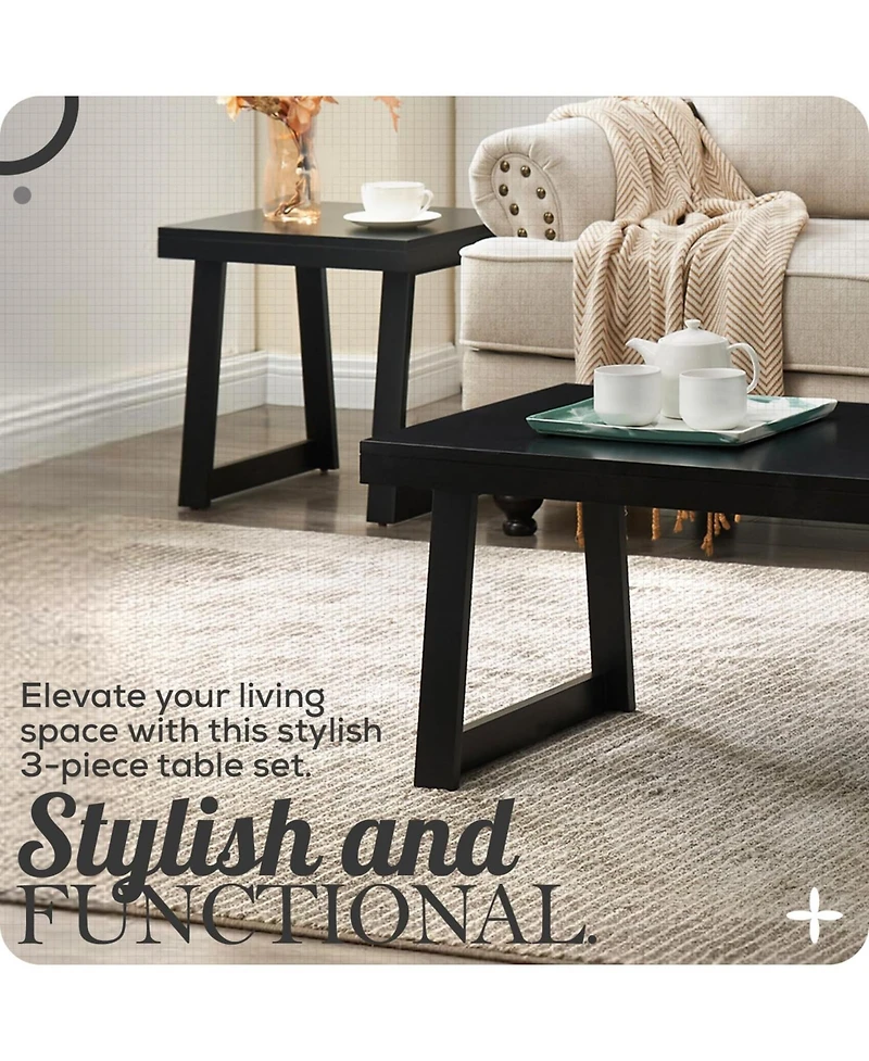 Kings Brand Furniture Charlie 3 Piece Modern Occasional Table Set - Includes Coffee Table and 2 End Side Tables Living Room Sets (Black)