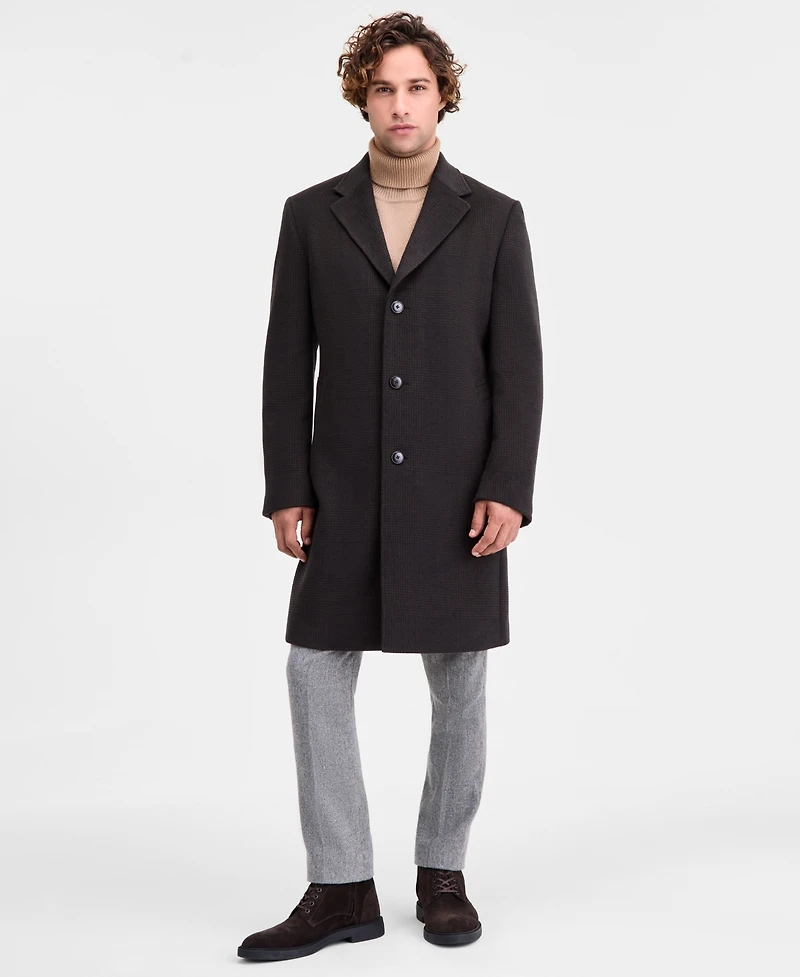 Michael Kors Men's Classic-Fit Olive Navy Plaid Wool Blend Overcoat
