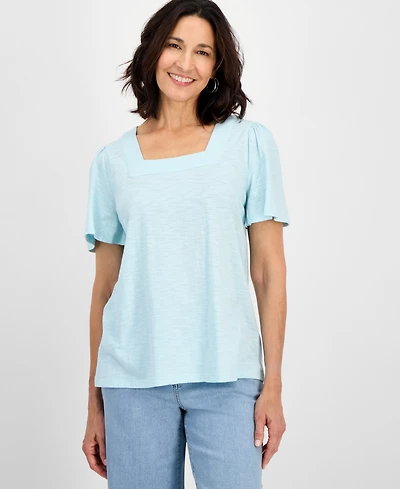 Style& Co Women's Printed Square-Neck Flutter-Sleeve Top, Exclusively at Macy's