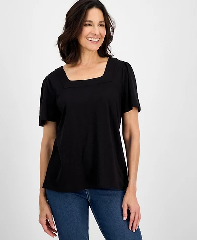 Style& Co Women's Printed Square-Neck Flutter-Sleeve Top, Exclusively at Macy's
