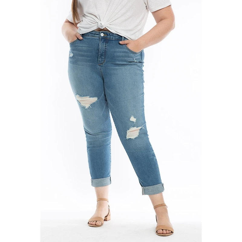 Slink Jeans Plus Size Denim High Rise Boyfriend with destruction rolled in 28" inseam- Myla