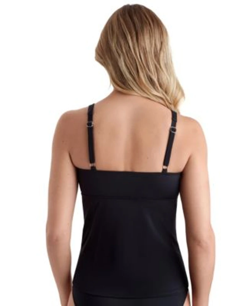 Shapesolver Womens Solid Black V Wired Shirred Tankini Swimsuit Top Bottoms