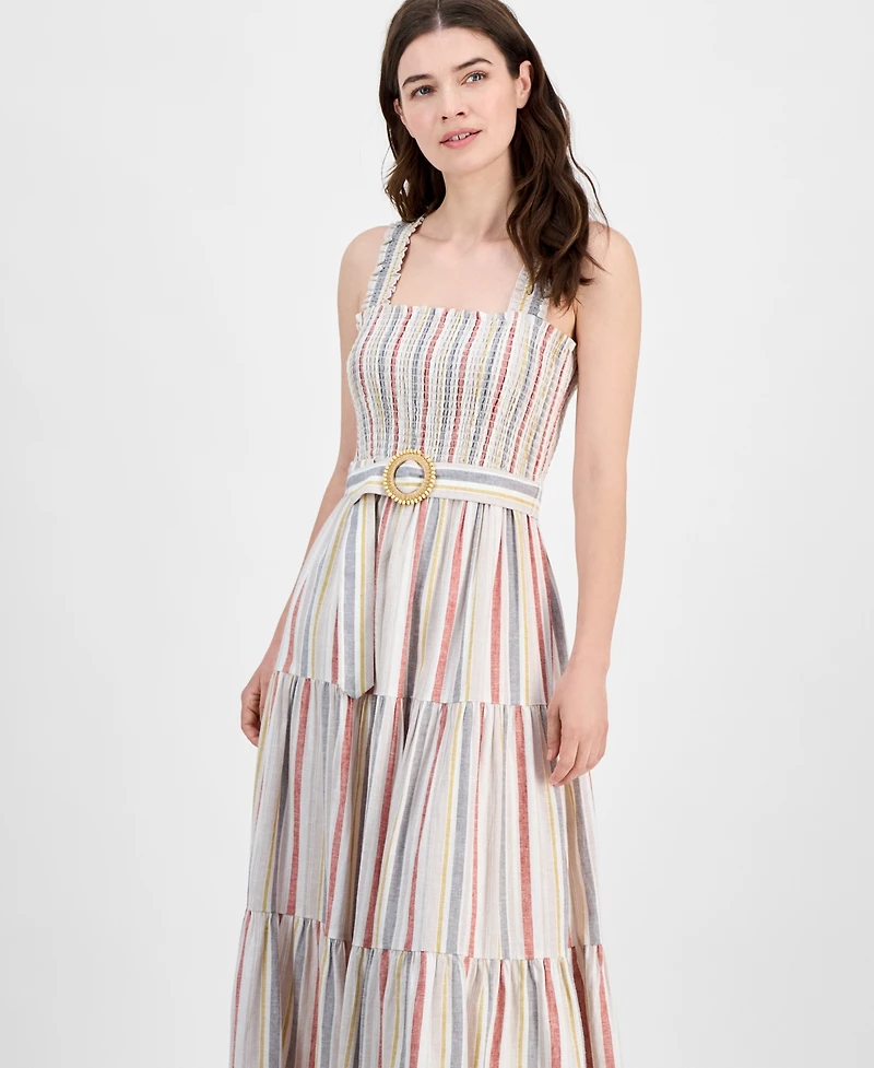 Anne Klein Women's Striped Smocked-Bodice Tiered Dress