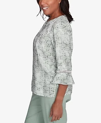 Alfred Dunner Women's Santa Fe Embroidered Geometric Flare Sleeve Top