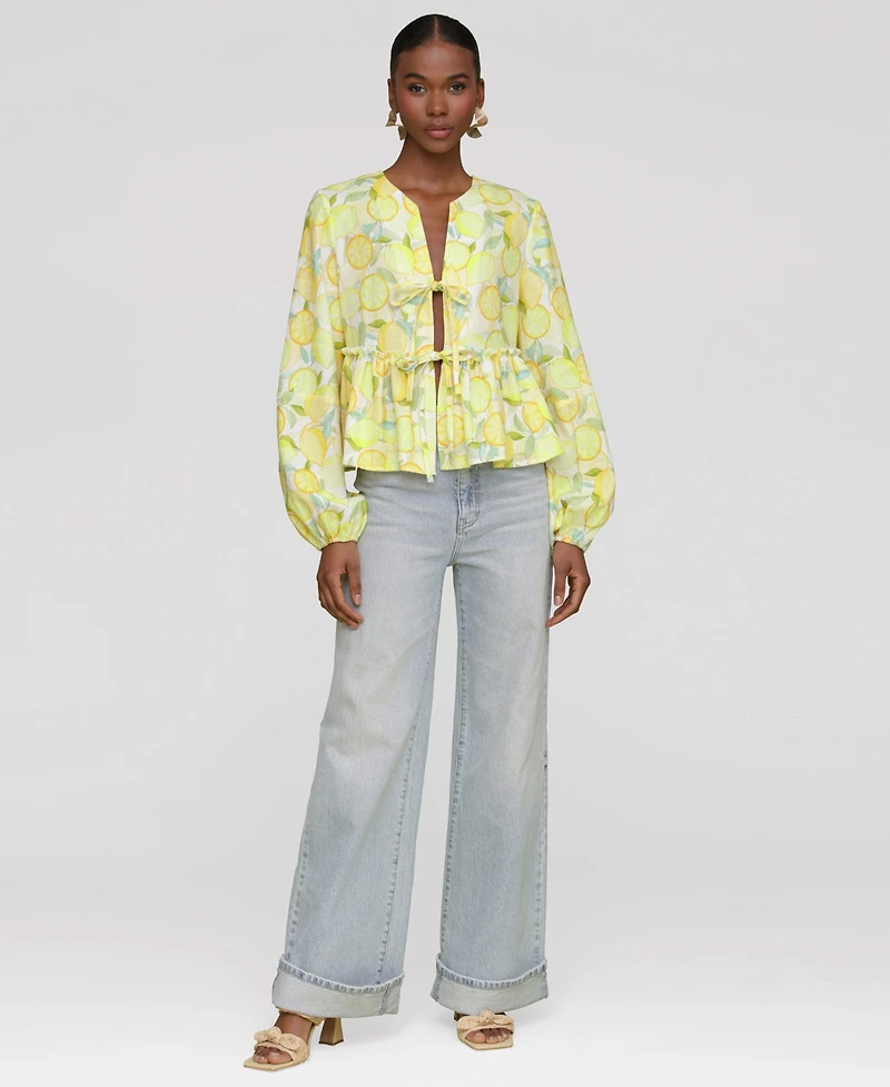 Avec Les Filles Women's Printed Tie-Front Balloon-Sleeve Blouse